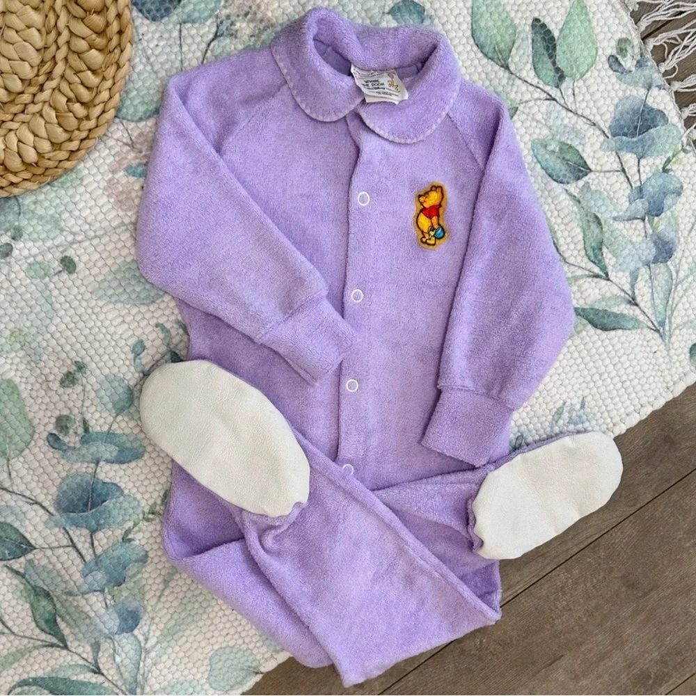 Vintage Disney Winnie Pooh Baby Girl Pajamas Lavender Button Footie Terry Cloth